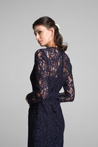 Long Sleeve Lace Pencil Dress in Navy
