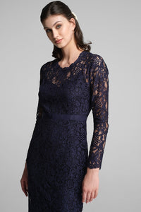 Long Sleeve Lace Pencil Dress in Navy