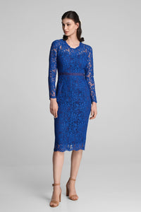 Long Sleeve Lace Pencil Dress in Azure Blue