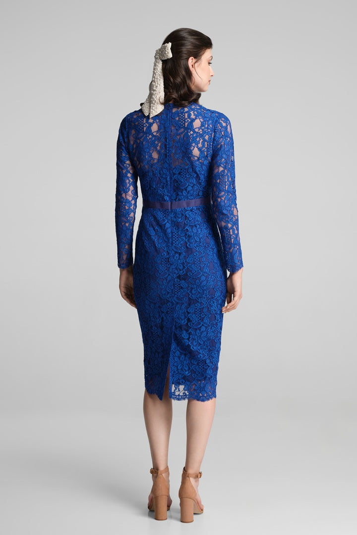 Long Sleeve Lace Pencil Dress in Azure Blue