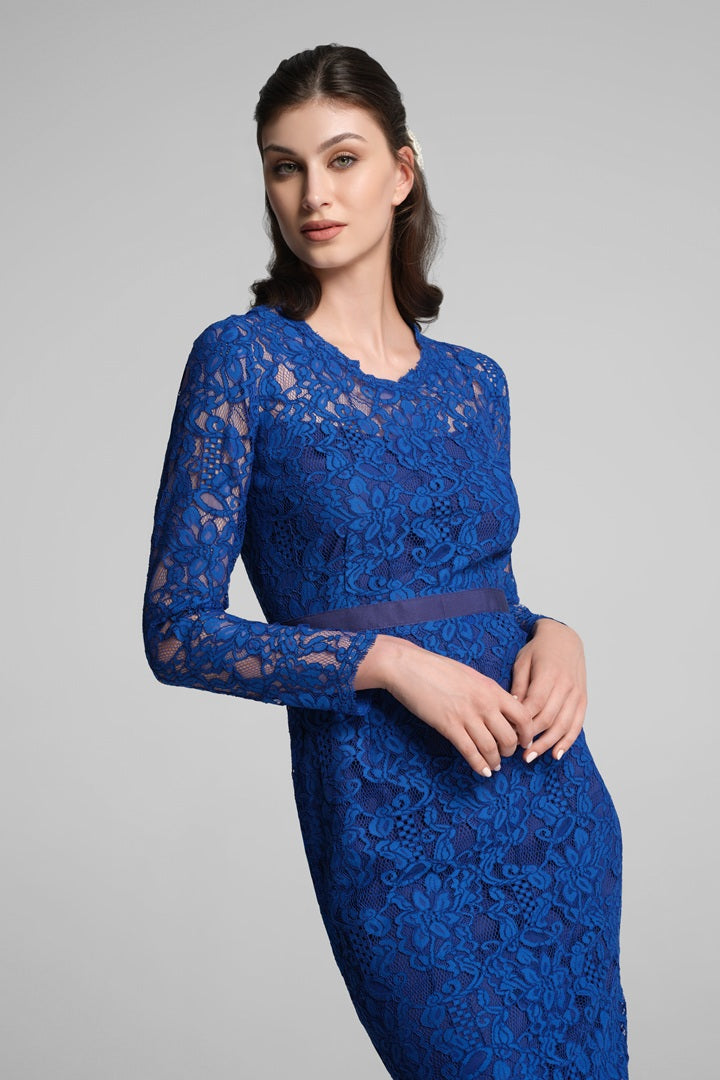Long Sleeve Lace Pencil Dress in Azure Blue – RUMOUR LONDON