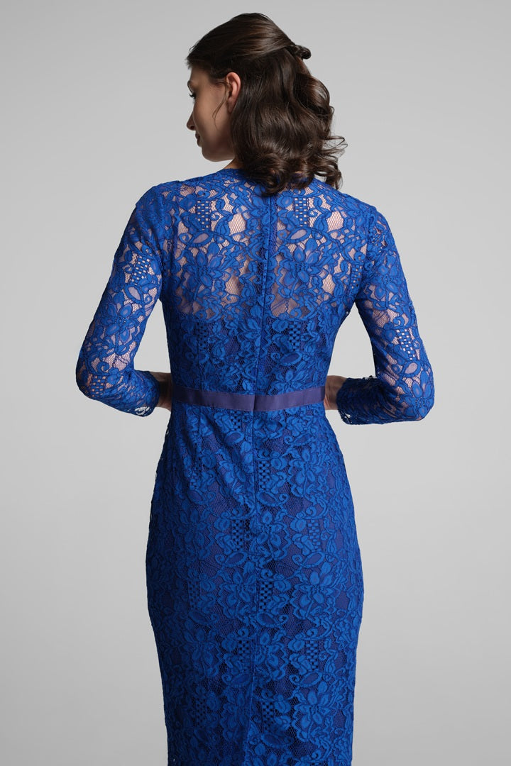Long Sleeve Lace Pencil Dress in Azure Blue