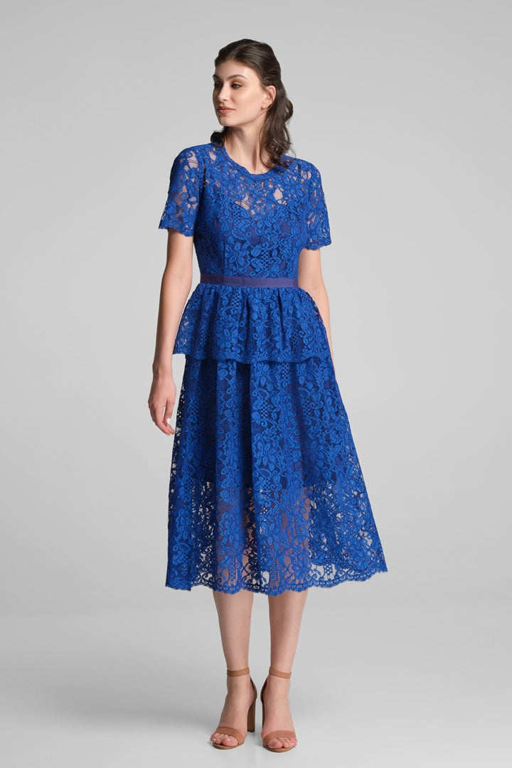 Lace midi dress with peplum in royal blue