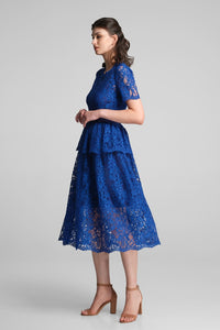 Lace midi dress with peplum in royal blue