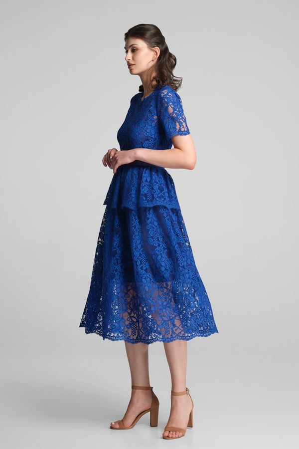 Lace midi dress with peplum in royal blue