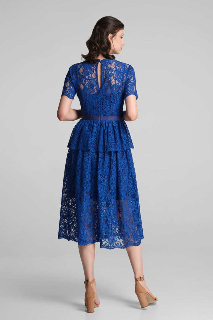Lace midi dress with peplum in royal blue