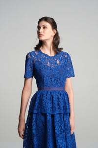Lace midi dress with peplum in royal blue