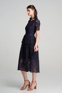 Lace midi dress with peplum in navy