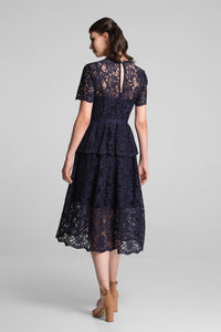 Lace midi dress with peplum in navy