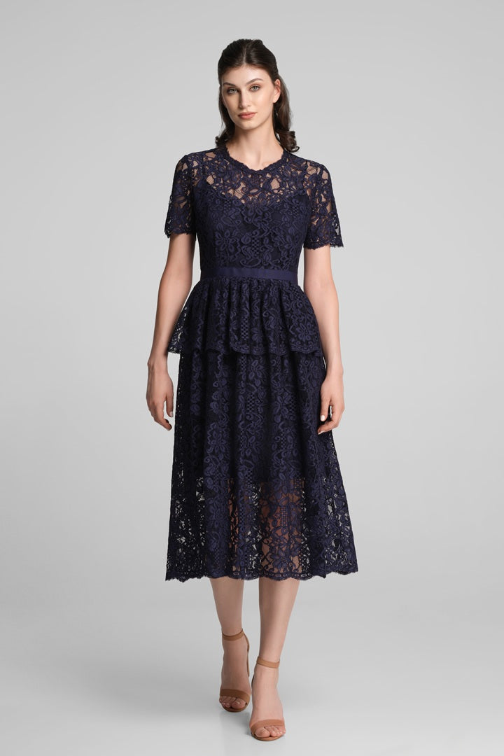 Lace midi dress with peplum in navy