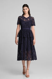 Lace midi dress with peplum in navy