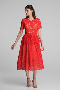 Lace midi dress with peplum in scarlet