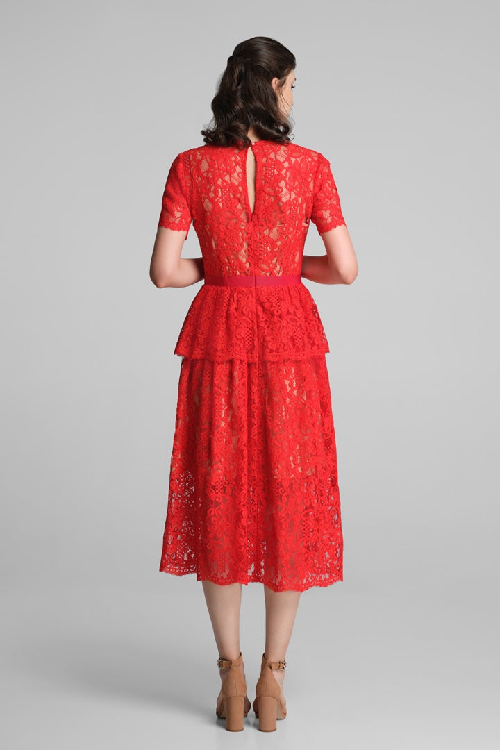 Lace midi dress with peplum in scarlet