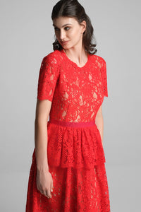 Lace midi dress with peplum in scarlet
