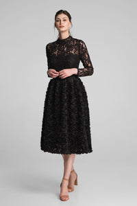 Midi dress with lace bodice and ruffled-tulle skirt