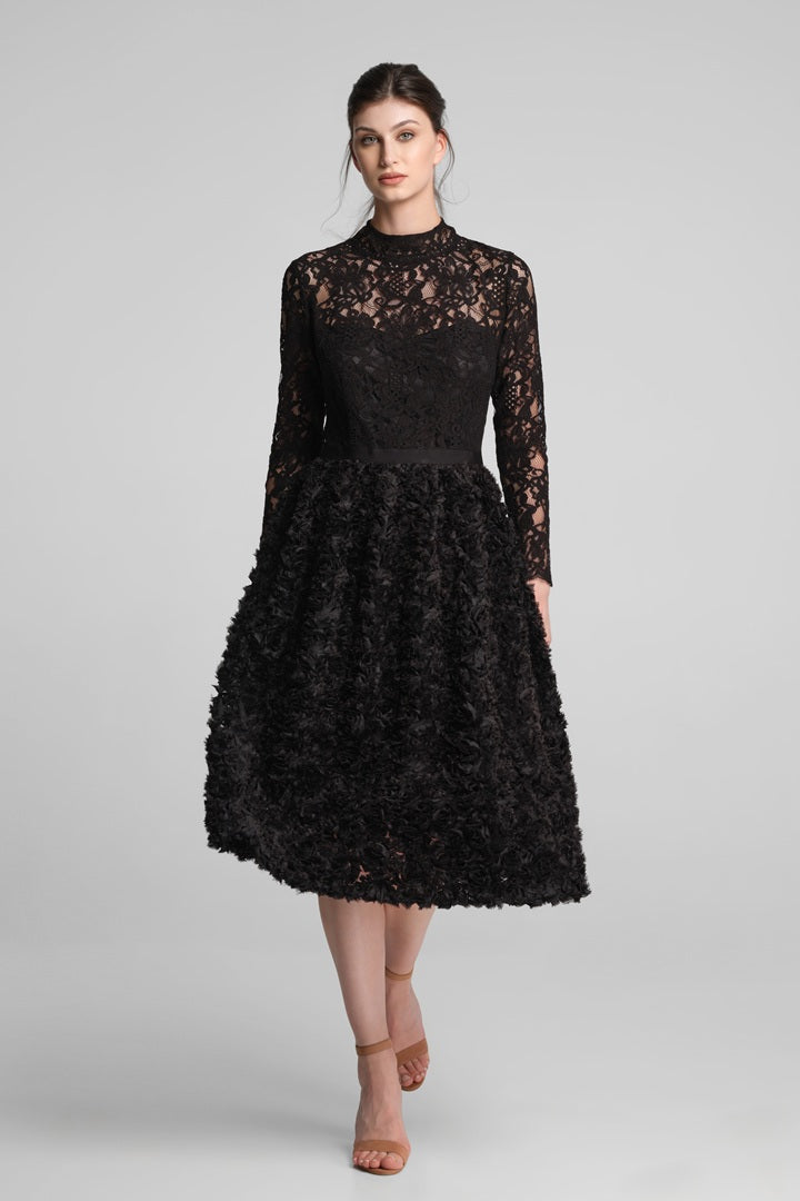 Midi dress with lace bodice and ruffled-tulle skirt