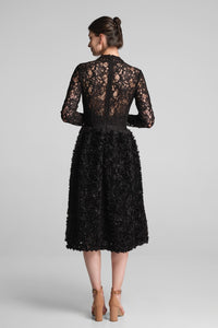 Midi dress with lace bodice and ruffled-tulle skirt