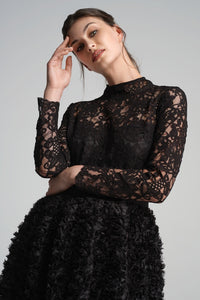 Midi dress with lace bodice and ruffled-tulle skirt