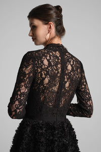 Midi dress with lace bodice and ruffled-tulle skirt