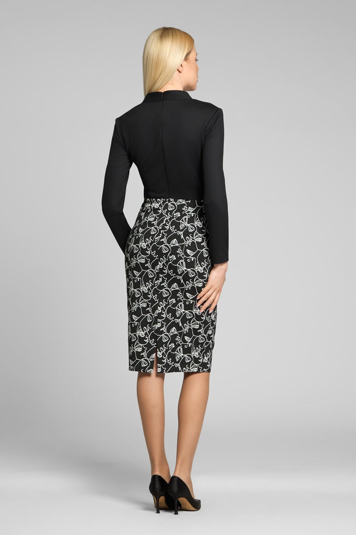 Tailored dress with contrasting contour jacquard skirt
