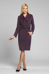 Dark purple wool and cashmere blend coat with double-breasted silhouette and pleated back
