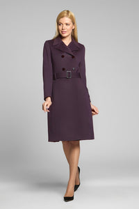 Dark purple wool and cashmere blend coat with double-breasted silhouette and pleated back