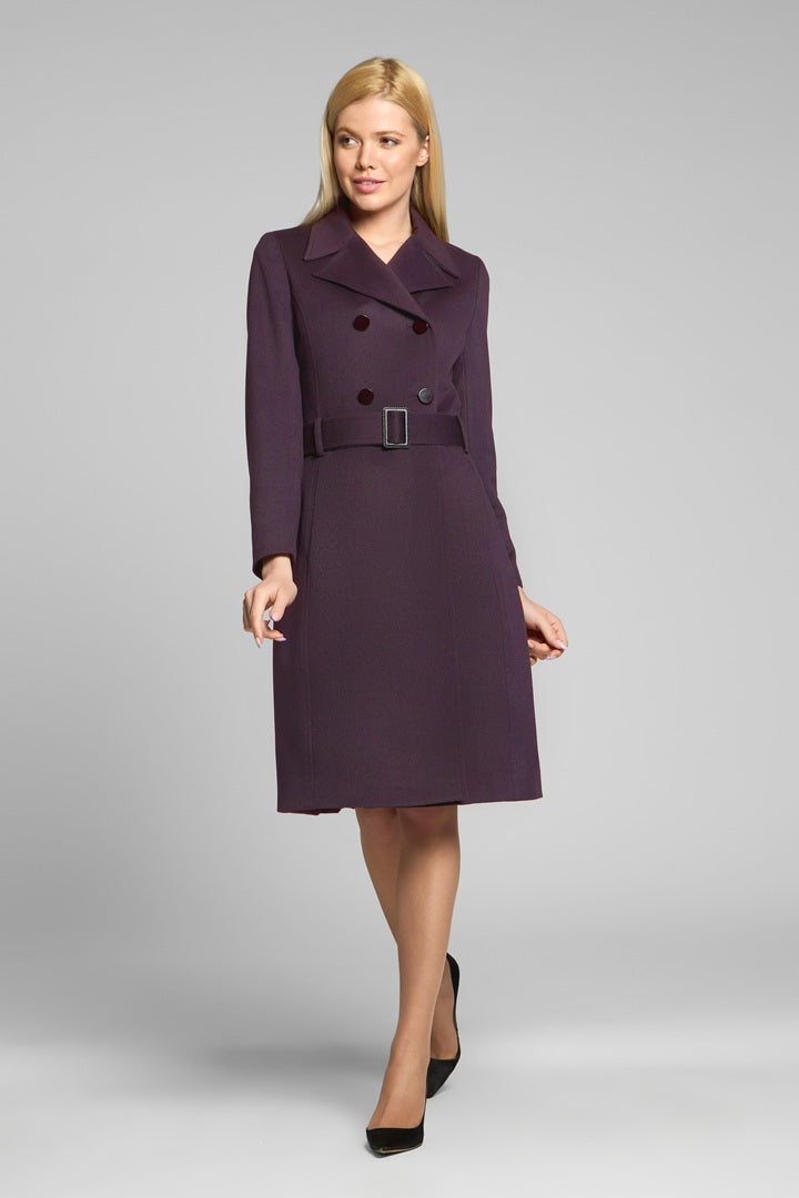 Dark purple wool and cashmere blend coat with double-breasted silhouette and pleated back
