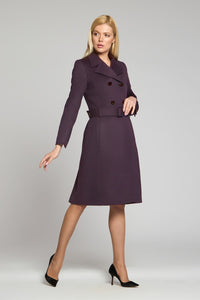 Dark purple wool and cashmere blend coat with double-breasted silhouette and pleated back
