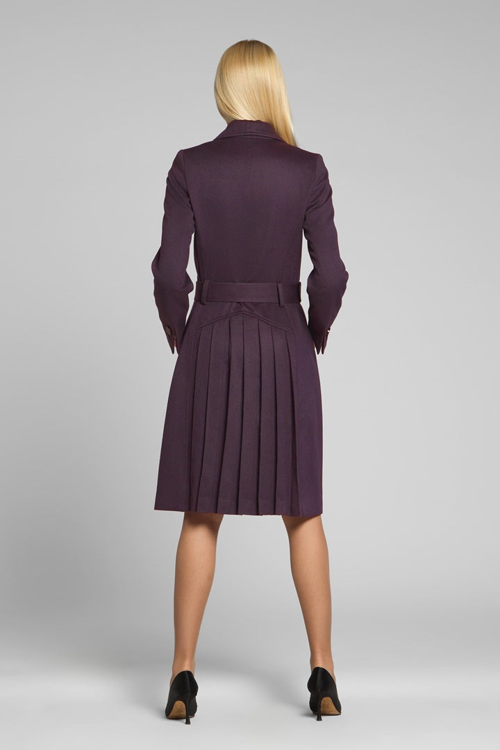 Dark purple wool and cashmere blend coat with double-breasted silhouette and pleated back