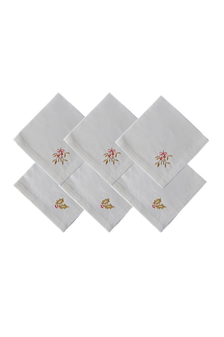 Set of 6 Embroidered Linen Napkins – 3 x Holly, 3 x Mistletoe