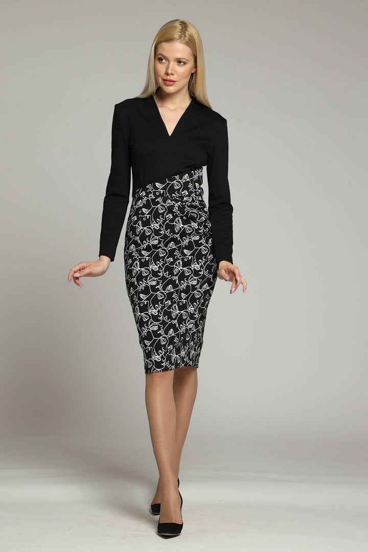 Tailored dress with contrasting contour jacquard skirt