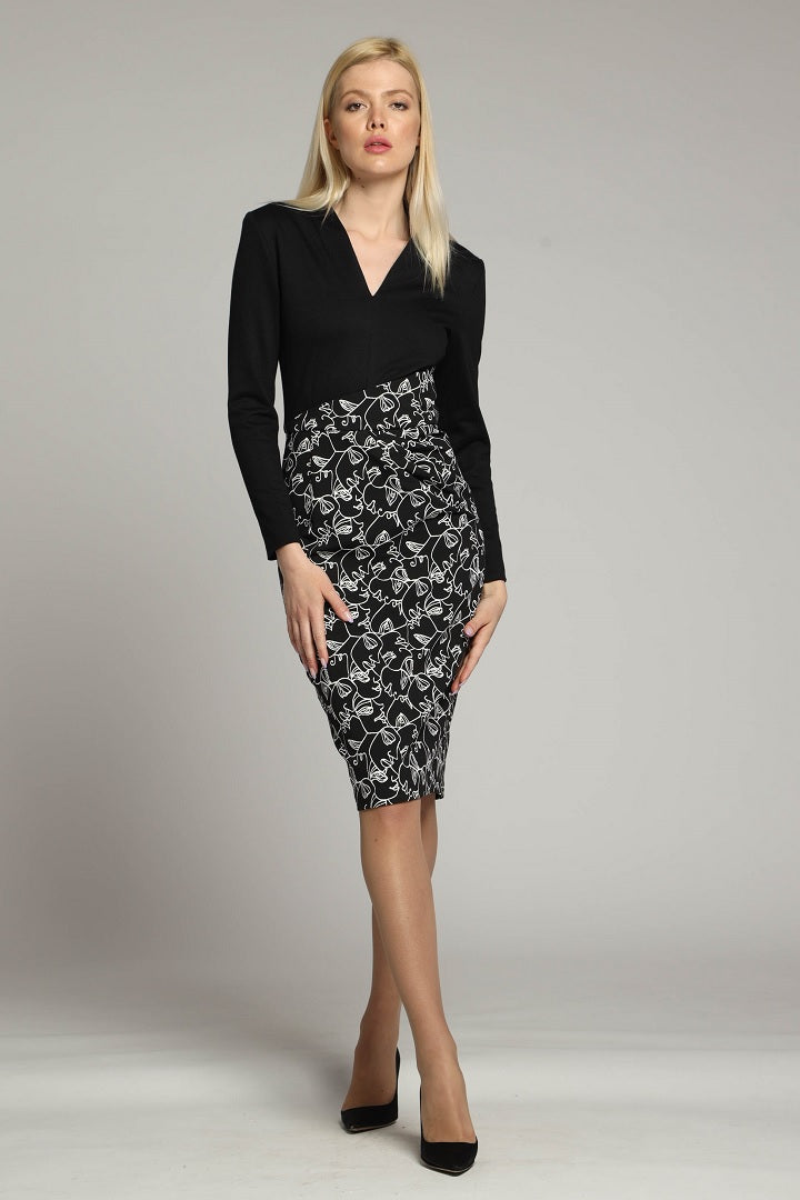 Tailored dress with contrasting contour jacquard skirt