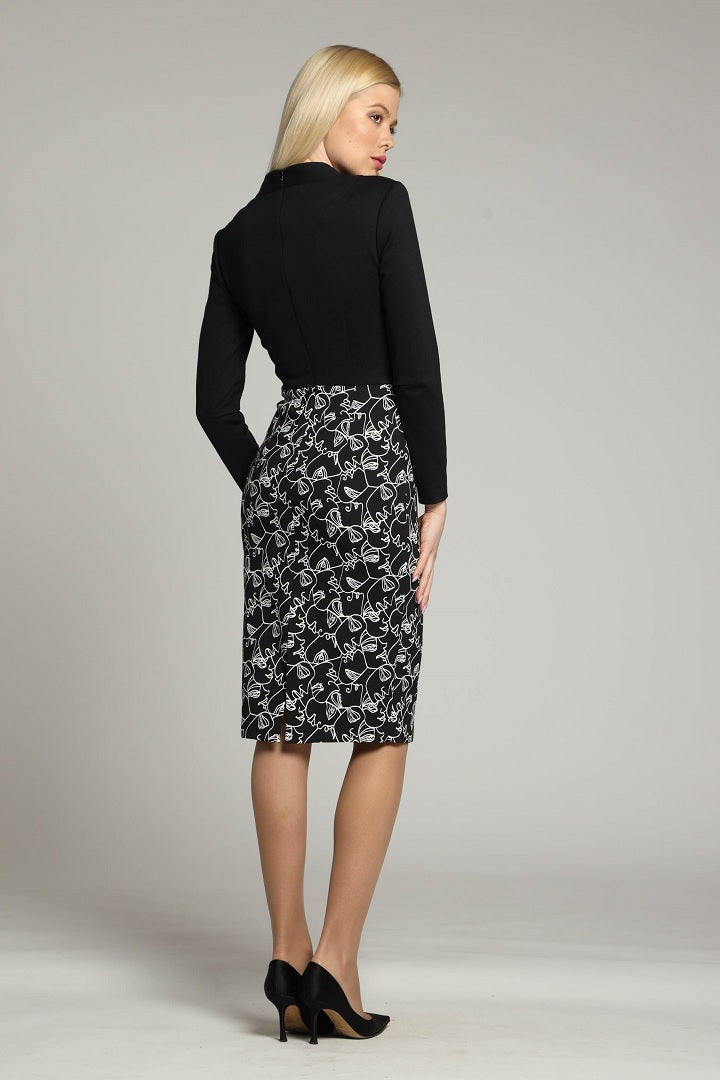 Tailored dress with contrasting contour jacquard skirt