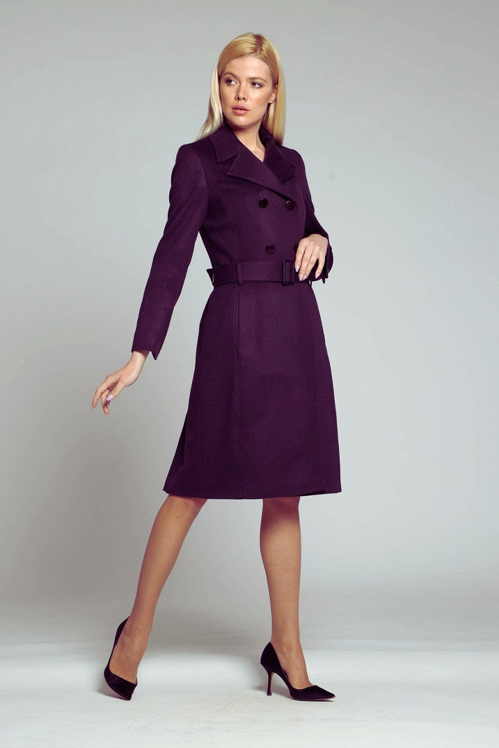 Dark purple wool and cashmere blend coat with double-breasted silhouette and pleated back