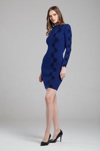 Blue two-tone ribbed knit dress with graphic detail