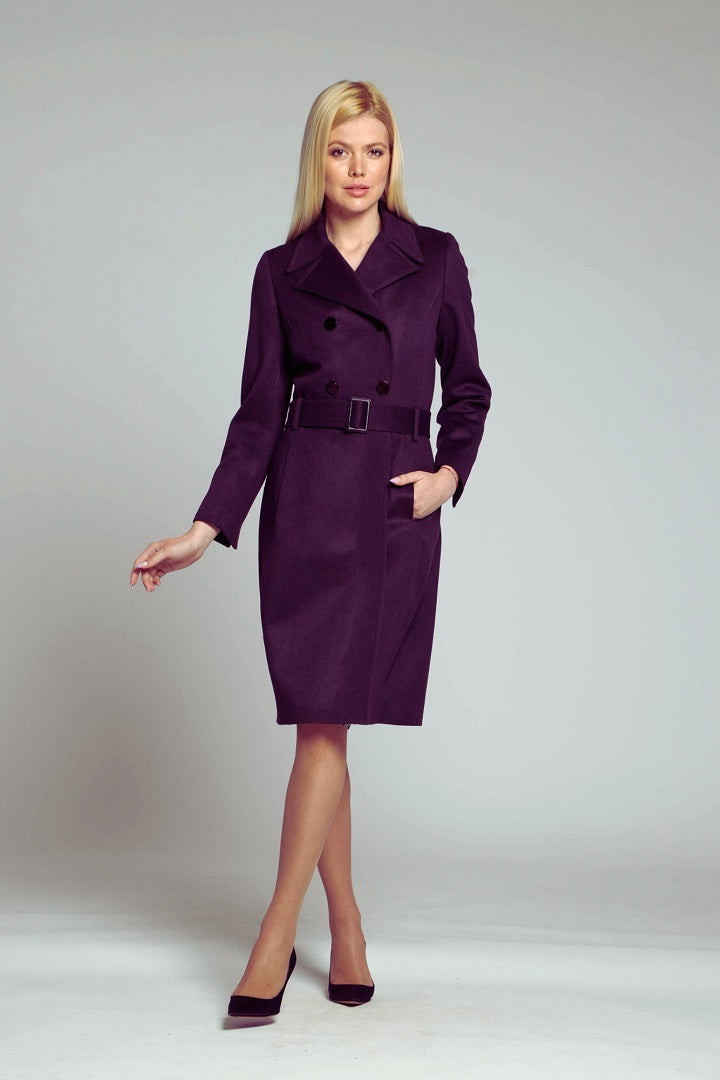 Dark purple wool and cashmere blend coat with double-breasted silhouette and pleated back