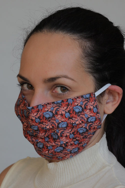 Reusable Protective Cloth Mask with Integrated Filter with Red Floral Print
