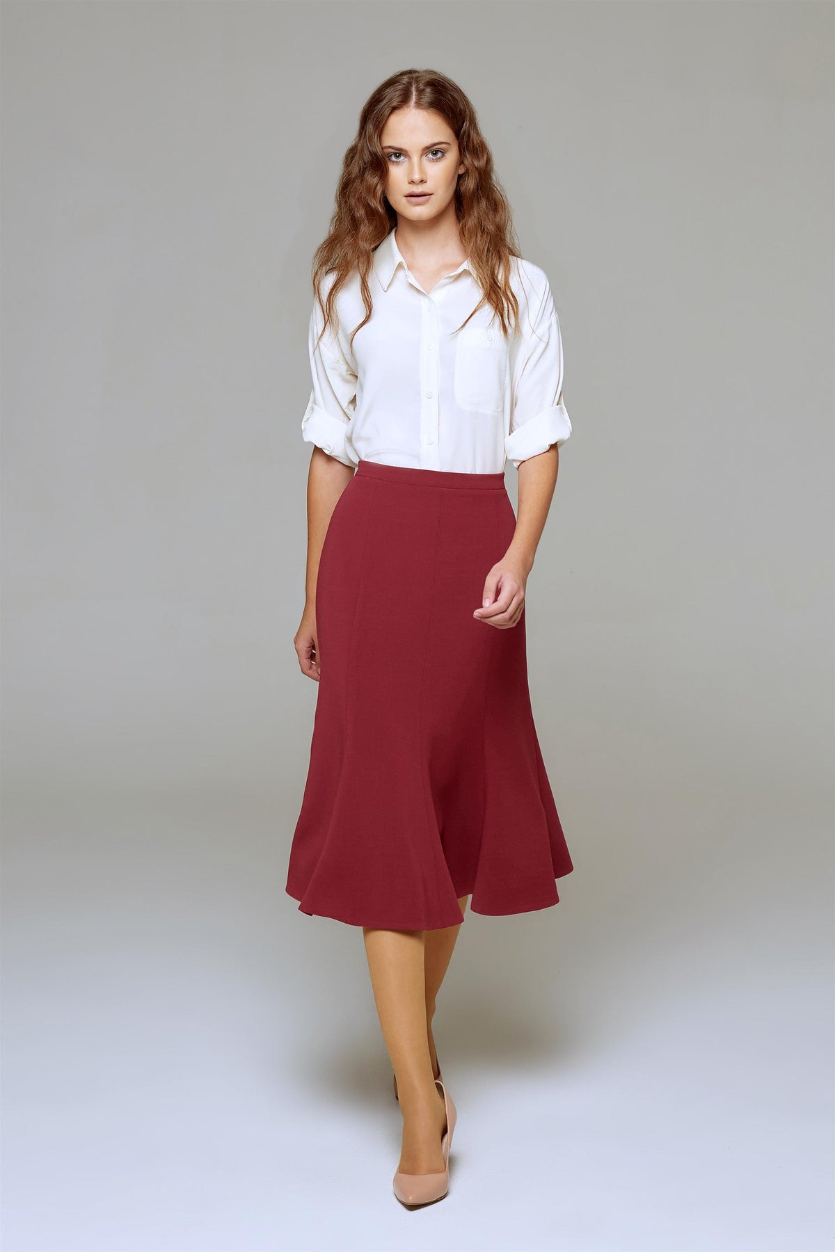 Wool midi skirt in berry