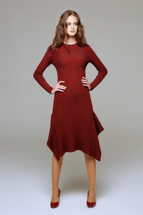 Asymmetric ribbed wool midi dress in burgundy