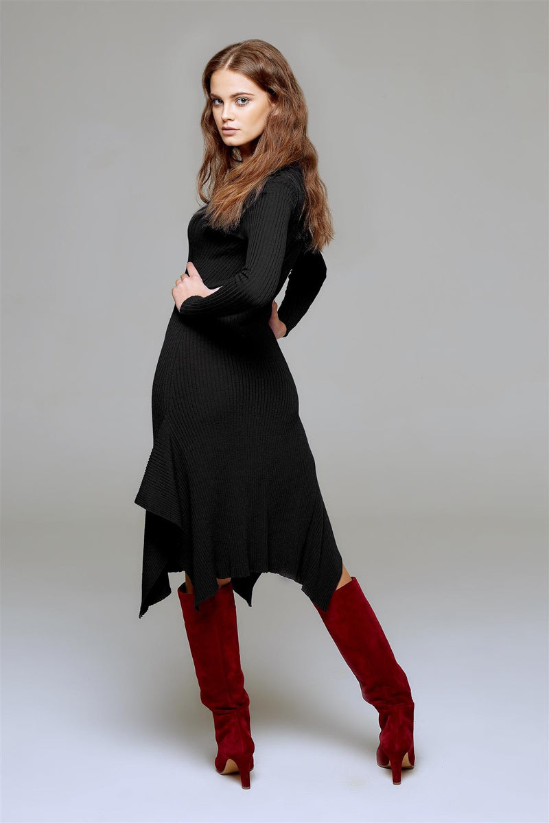 Asymmetric ribbed wool midi dress in black