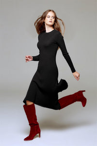 Asymmetric ribbed wool midi dress in black