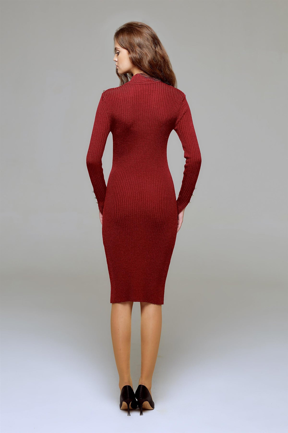 Ribbed wool midi dress in Burgundy