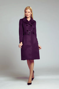 Dark purple wool and cashmere blend coat with double-breasted silhouette and pleated back