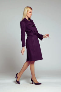 Dark purple wool and cashmere blend coat with double-breasted silhouette and pleated back