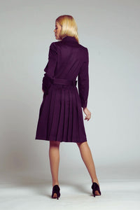 Dark purple wool and cashmere blend coat with double-breasted silhouette and pleated back
