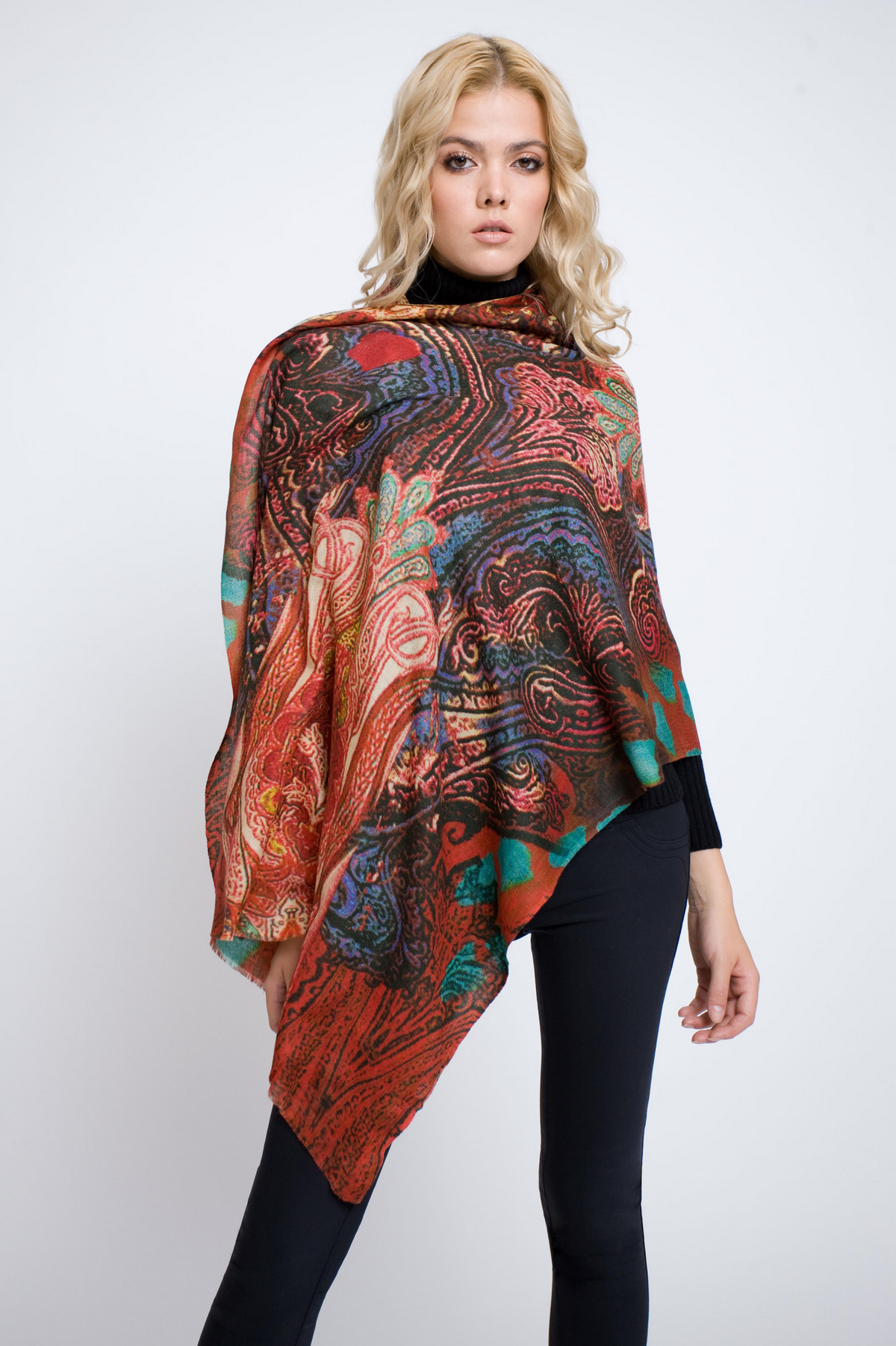 Luxury printed wool, silk and cashmere blend scarf
