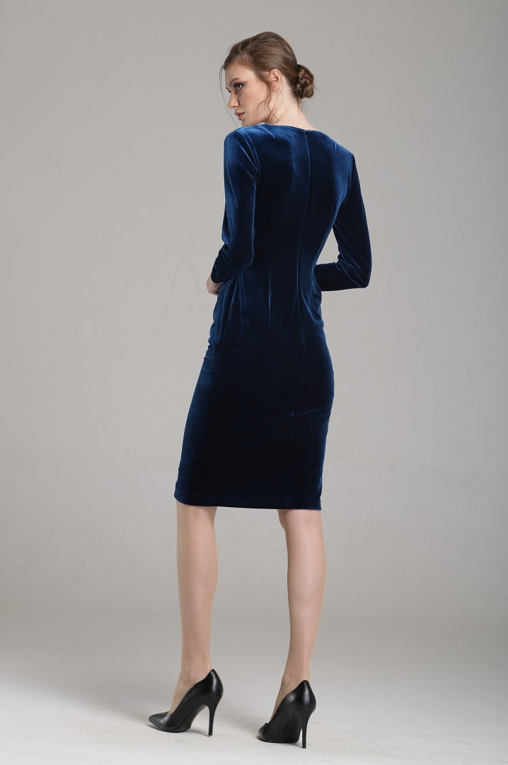 Velvet dress with v-neck neckline and draped detail in royal blue