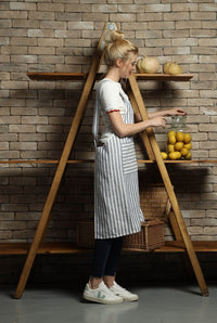 Cross-back linen apron in white and blue stripe