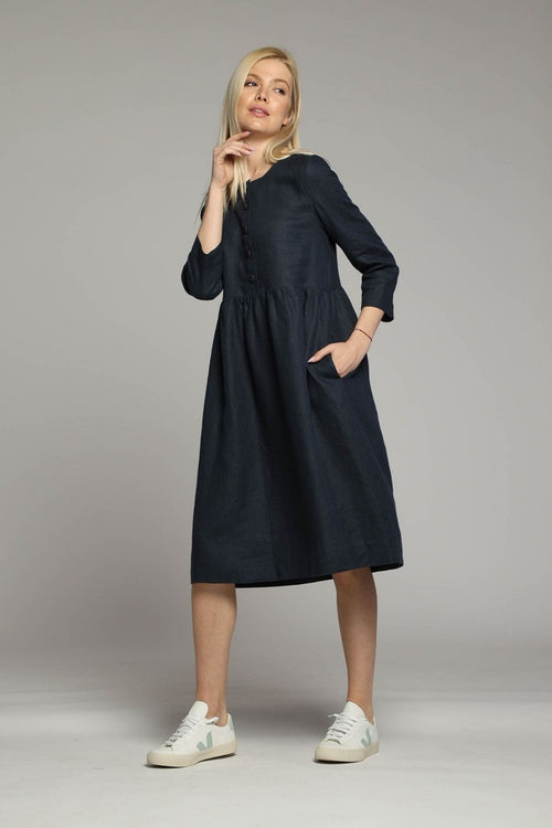 Sorrento loose linen dress with sleeves and high waist