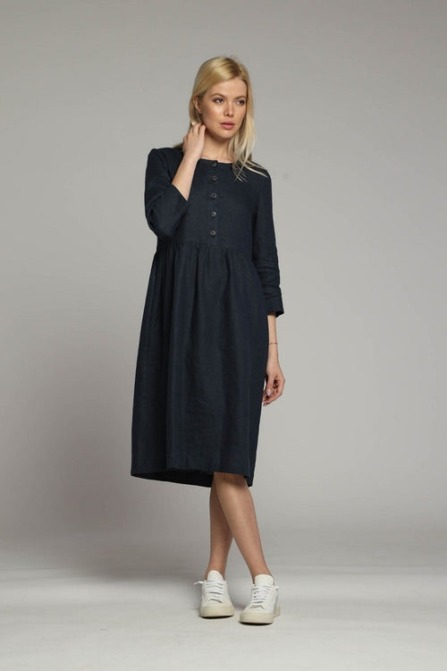 Sorrento loose linen dress with sleeves and high waist